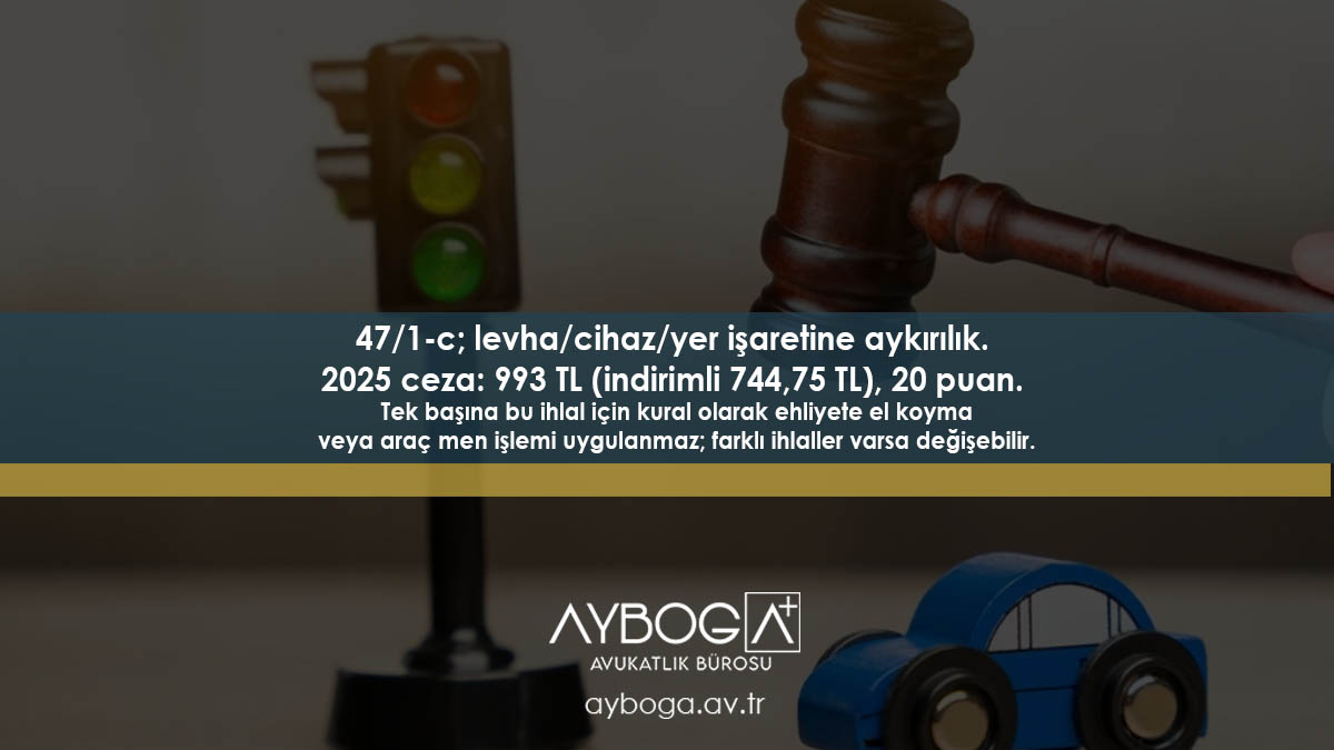 Kısa özet: 47/1-c; levha/cihaz/yer işaretine aykırılık. 2025 ceza: 993 TL (indirimli 744,75 TL), 20 puan. Tek başına bu ihlal için kural olarak ehliyete el koyma veya araç men işlemi uygulanmaz; farklı ihlaller varsa değişebilir.