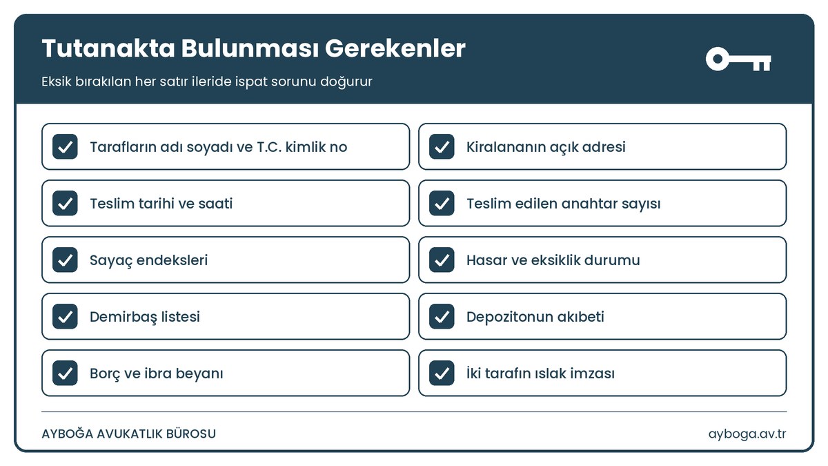 Anahtar teslim tutanağında bulunması gerekenler listesi